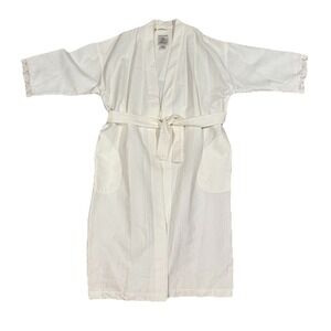 VTG Crabtree & Evelyn Size M/L 100% Cotton Long White Robe Belted Seashell Trim